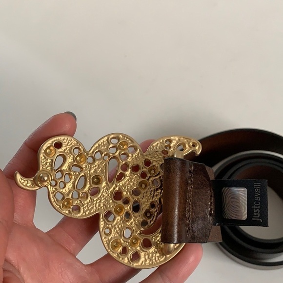 Just Cavalli Brown Leather Gold Buckle Snake Belt - Picture 5 of 14
